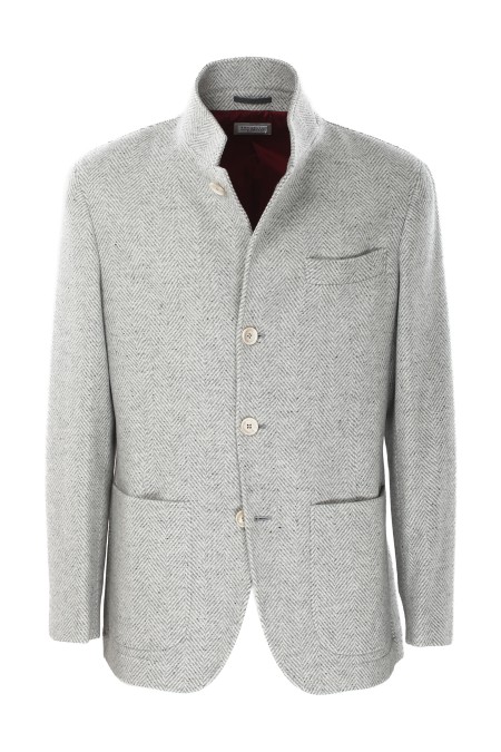 Shop BRUNELLO CUCINELLI  Jacket: Brunello Cucinelli jacket-style outerwear in wool, silk and cashmere chevron.
Horn button closure.
Small collar.
Chest pocket.
Low patch pockets.
Cuffs with four horn buttons and opening buttonholes.
Double vent on the back.
Half cupro lining.
Two internal pockets with button and a pen holder.
Composition: 84% Wool, 13% Silk, 3% Cashmere.
Made in Italy.. MY4436265-C001